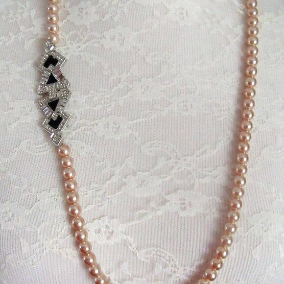 Vintage Art Deco Revival faux champagne pearl & rhinestone necklace & earrings - Picture 4 of 14